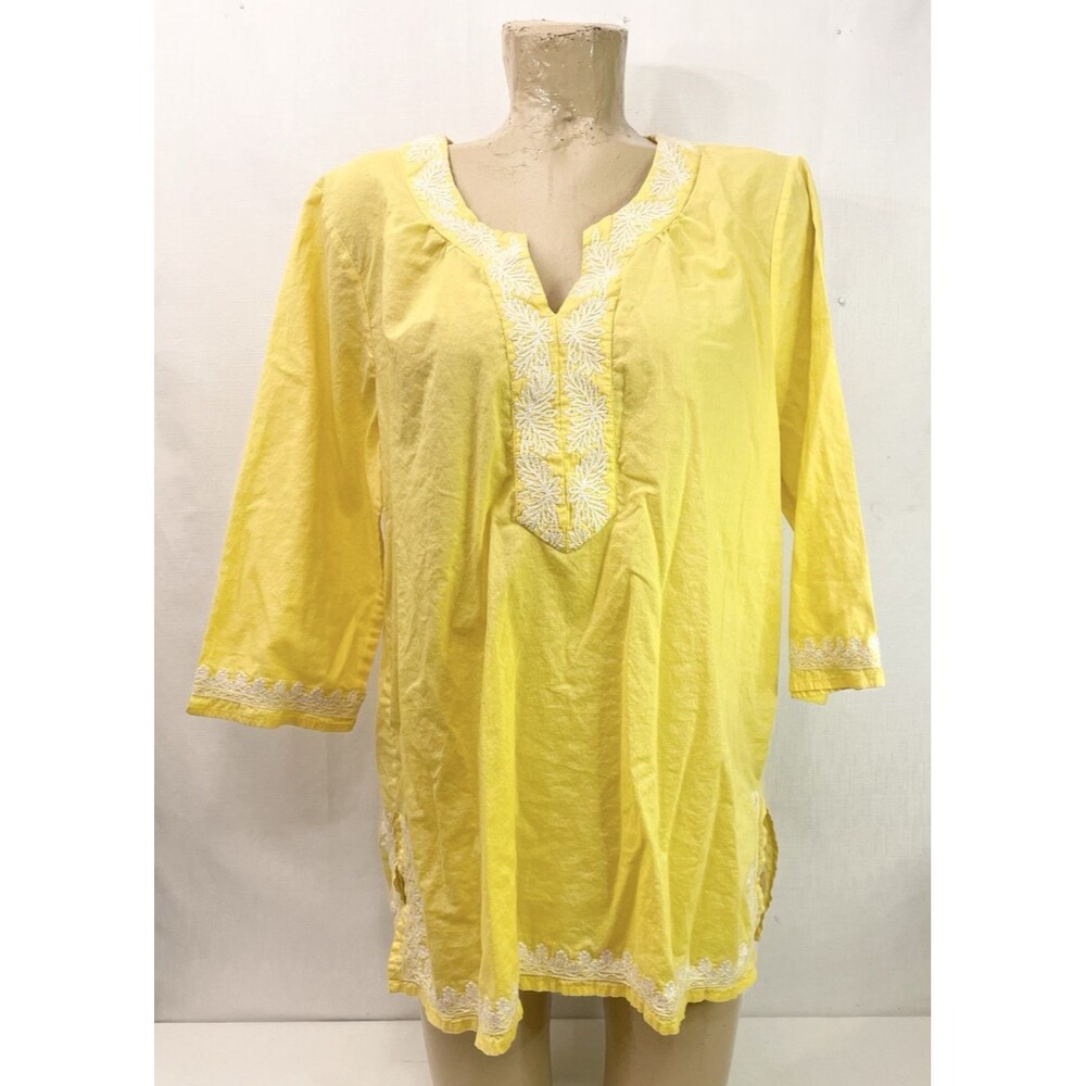 Lands' End Shirt Large L 14 16 46” Yellow White Embroidered V Neck Blouse Top